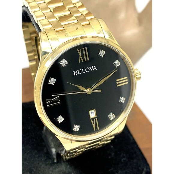 Bulova Men's Watch 97D108 Quartz Gold Tone Stainless Steel Diamond Black Dial